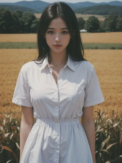 80's_jiaopian, 1girl, black hair, ((realistic)), ((photorealistic)),((high-res, masterpiece, best quality, cinema lighting)), cowboy shot, close-up, long lair, white shirt, looking at viewer,standing, upper body, outdoors, european town, wooden houses, scarecrow, afternoon, field,corn field, golden corn field,<lora:80's_style:0.8>