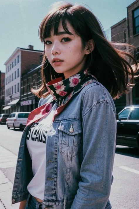 (realistic:1.3), finely detailed, quality, rembrandt lighting, (masterpiece:1.2), (photorealistic:1.2), (best quality), (detailed skin:1.3), (intricate details), dramatic, ray tracing, 1girl, japanese girl, 21 years old, detailed skin texture, (blush:0.5), (goosebumps:0.5), subsurface scattering, smiling, medium breasts, (retro 1980s hairstyle, (thick voluminous hair:1.2), hairspray, medium hair, blunt bangs:1.2), (printed silk neckerchief:1.2), colorful t-shirt, denim jacket, open jacket, 1980s fashion, portrait shot, (80's_jiaopian, film grain:1.1), (street, sky), <lora:80's_style:1>