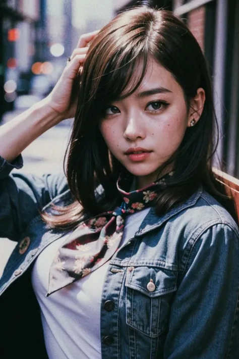 (realistic:1.3), finely detailed, quality, rembrandt lighting, (masterpiece:1.2), (photorealistic:1.2), (best quality), (detailed skin:1.3), (intricate details), dramatic, ray tracing, 1girl, japanese girl, 21 years old, detailed skin texture, (blush:0.5), (goosebumps:0.5), subsurface scattering, smiling, medium breasts, (retro 1980s hairstyle, (thick voluminous hair:1.2), hairspray, medium hair, blunt bangs:1.2), (printed silk neckerchief:1.2), colorful t-shirt, denim jacket, open jacket, 1980s fashion, portrait shot, (80's_jiaopian, film grain:1.1), (street, sky), <lora:80's_style:1>