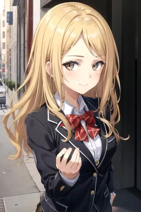 ((masterpiece)),(best quality),official art,extremely delicate and beautiful,extremely detailed CG,unity 8k wallpaper,ultra detailed,beautiful detailed eyes,extremely detailed face,outdoors,1girl,solo,upper body,(portrait:1.5),looking at viewer,facing viewer,smile,Kuhouin Arisa,long wavy blond hair,sidelocks,parted bangs,brown eyes,school uniform,blazer,black jacket,wing collar,red bowtie,white shirt,collared shirt,long sleeves,large breasts,buttons,miniskirt,black skirt,pleated skirt,black thighhighs,loafers,black footwear,<lora:Kuhouin Arisa(gc):0.5>,