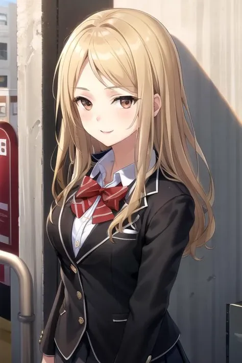 ((masterpiece)),(best quality),official art,extremely delicate and beautiful,extremely detailed CG,unity 8k wallpaper,ultra detailed,beautiful detailed eyes,extremely detailed face,outdoors,1girl,solo,upper body,(portrait:1.5),looking at viewer,facing viewer,smile,Kuhouin Arisa,long wavy blond hair,sidelocks,parted bangs,brown eyes,school uniform,blazer,black jacket,wing collar,red bowtie,white shirt,collared shirt,long sleeves,large breasts,buttons,miniskirt,black skirt,pleated skirt,black thighhighs,loafers,black footwear,<lora:Kuhouin Arisa(gc):0.5>,