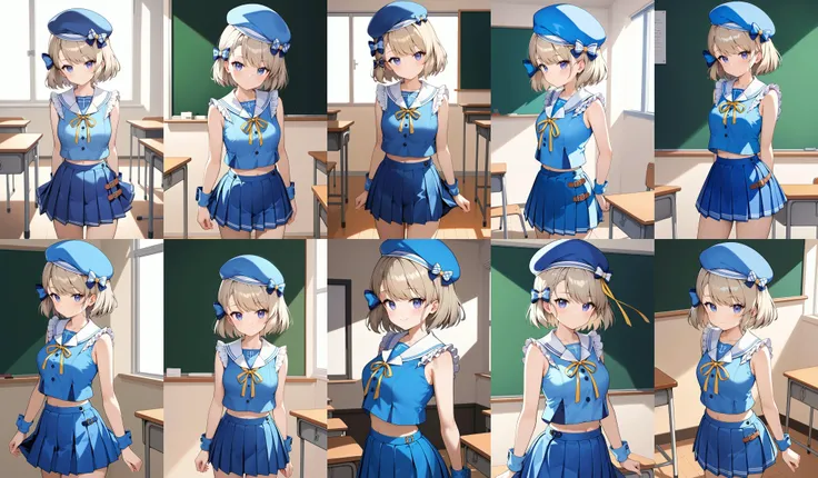 score_9, score_8_up, score_7_up, score_6_up, score_5_up, score_4_up, source_anime, ccz23, short hair, hair bow, blue bow, beret, blue headwear, blue serafuku, white sailor collar, neck ribbon, yellow ribbon, frilled shirt, sleeveless shirt, blue shirt, wrist cuffs, midriff, pleated skirt, blue skirt <lora:z23_(azur_lane)_ponyxl_v1:0.9>, standing, cowboy shot, classroom, arms at sides,