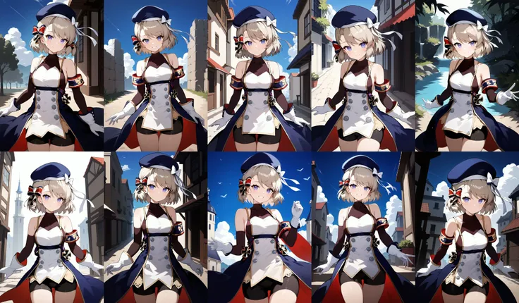 score_9, score_8_up, score_7_up, score_6_up, score_5_up, score_4_up, source_anime, aaz23, short hair, hair bow, iron cross, beret, blue headwear, hat bow, covered collarbone, bare shoulders, white dress, sleeveless, armband, detached sleeves, white gloves, buttons, double-breasted, black shorts, <lora:z23_(azur_lane)_ponyxl_v1:0.9>, standing, cowboy shot, smile, outdoors