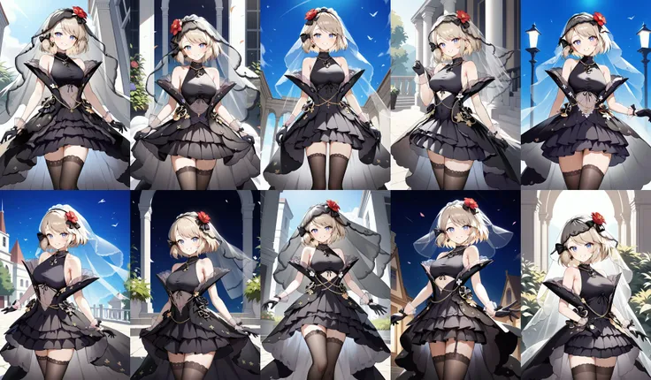 score_9, score_8_up, score_7_up, score_6_up, score_5_up, score_4_up, source_anime, bbz23, short hair, black ribbon, bridal veil, hair flower, black veil, necklace, iron cross, bare shoulders, wedding dress, black dress, see-through, sleeveless dress, black gloves, black thighhighs, <lora:z23_(azur_lane)_ponyxl_v1:0.9>, standing, cowboy shot, smile, outdoors