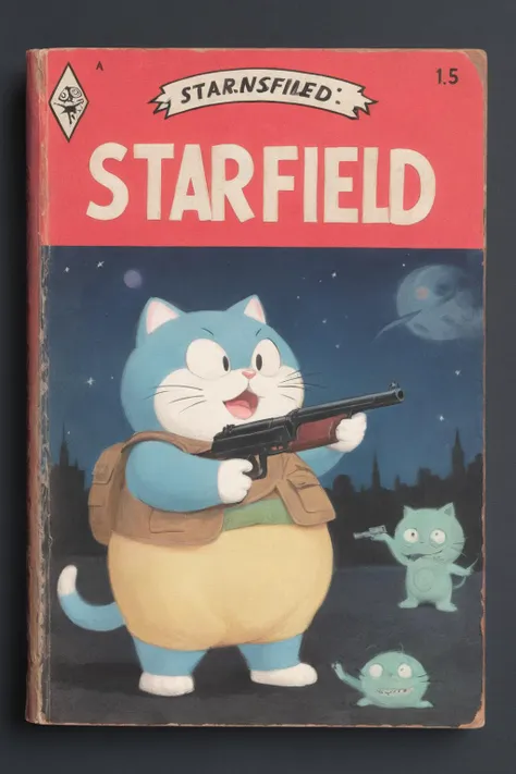 book cover of a vintage novel called "STARFIELD" depicting a chubby (doraemon) cat with an [open mouth:.5] holding gun shooting aliens, night time, retro,  detective noir  <lora:wizards_vintage_romance:1>