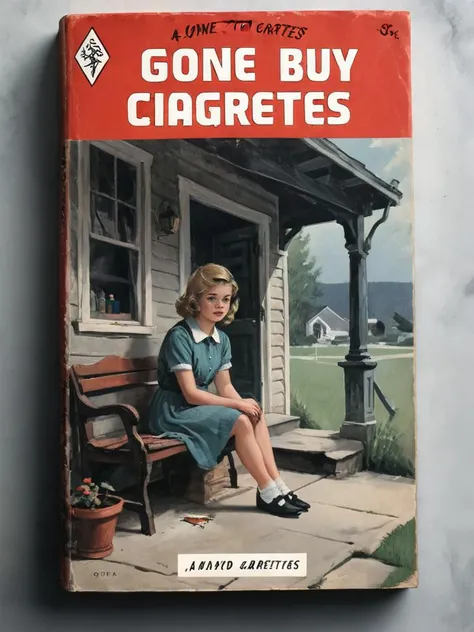 book cover of a vintage novel called "Gone to buy cigarettes" depicting of a lonely girl waiting on a porch for her dad to return, <lora:SDXL - Style - wizards_vintage_romance:1>