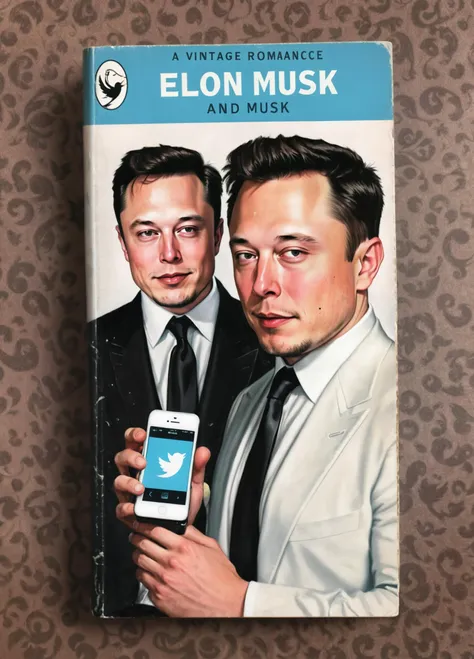 Book cover of a vintage romance novel with Elon musk and an iphone with twitter, 1man, <lora:wizards_vintage_romance:0.8>