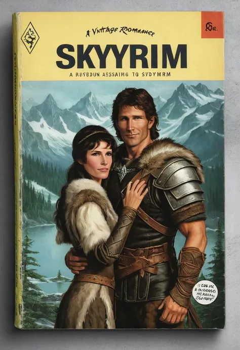 book cover of a vintage romance novel called "skyrim" depicting Todd Howard, <lora:wizards_vintage_romance:1>