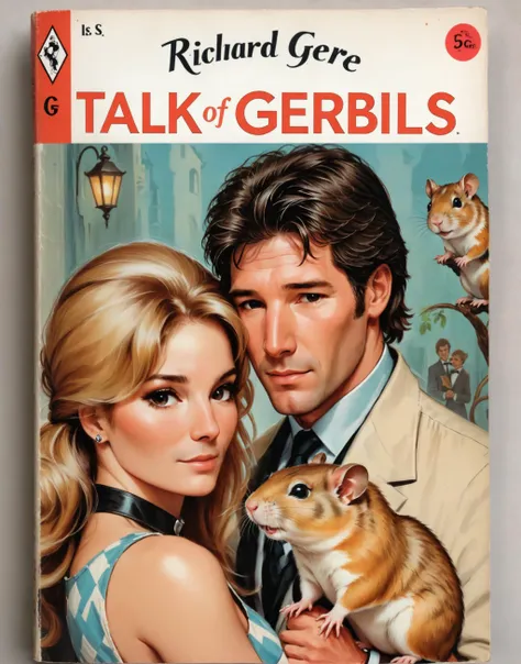 Book cover of a vintage romance novel called "Talk of Gerbils", Richard Gere, gerbil, <lora:wizards_vintage_romance:0.6> Cover of a Harlequin romance novel