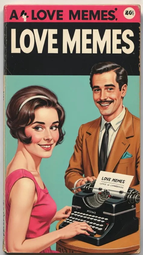 book cover of a vintage romance novel called "Love Memes" depicting a comedian using typewriter <lora:wizards_vintage_romance:0.8>