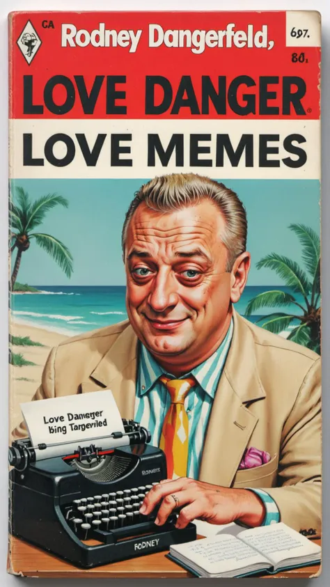 book cover of a vintage romance novel called "Love Memes" depicting Rodney Dangerfield using typewriter <lora:wizards_vintage_romance:0.8>