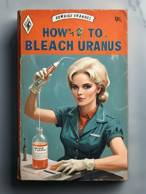 book cover of a vintage novel called "How to bleach Uranus" depicting of a female pouring a bottle of bleach into a big syringe, <lora:SDXL - Style - wizards_vintage_romance:1>