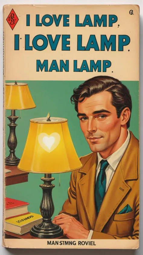 book cover of a vintage romance novel called "I Love Lamp" depicting man with lamp <lora:wizards_vintage_romance:0.8>