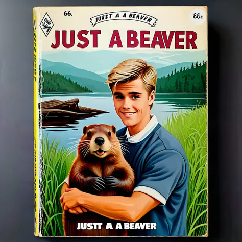 Book cover of a vintage novel called ("Just a beaver":1.4) depicting justin bieber hugging a beaver and having fun,realistic,highly detailed,realistic,lifelike,studio photo,highly detailed,dynamic,cinematic,masterpiece,intricate,hdr,abstract fractal,art by Steven Rhodes