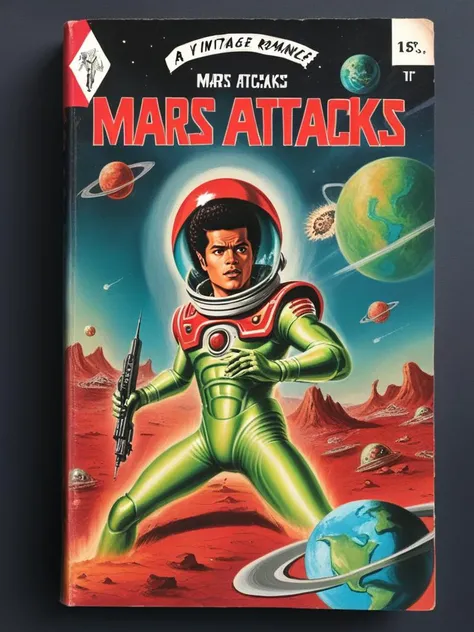 book cover of a vintage romance novel called "Mars Attacks" depicting a god Bruno Mars attacking a planet
<lora:wizards_vintage_romance:1>