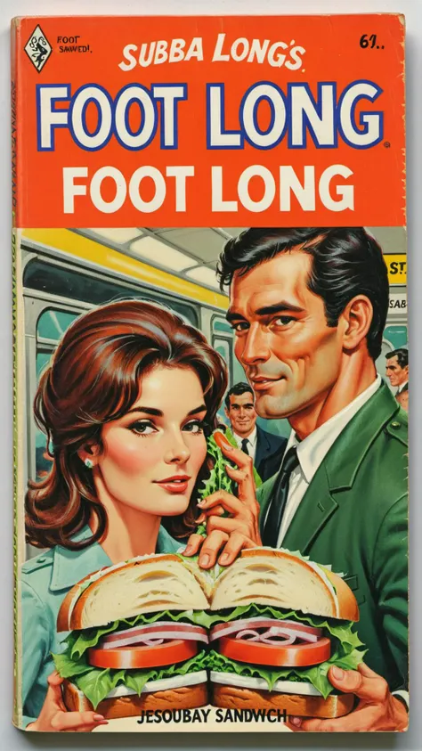 book cover of a vintage romance novel called "Foot Long" depicting Subway sandwich <lora:wizards_vintage_romance:0.8>
