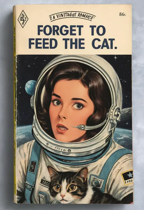 book cover of a vintage romance novel called "forgot to feed the cat" depicting a (surprised:1.5) astronaut, <lora:wizards_vintage_romance:1>