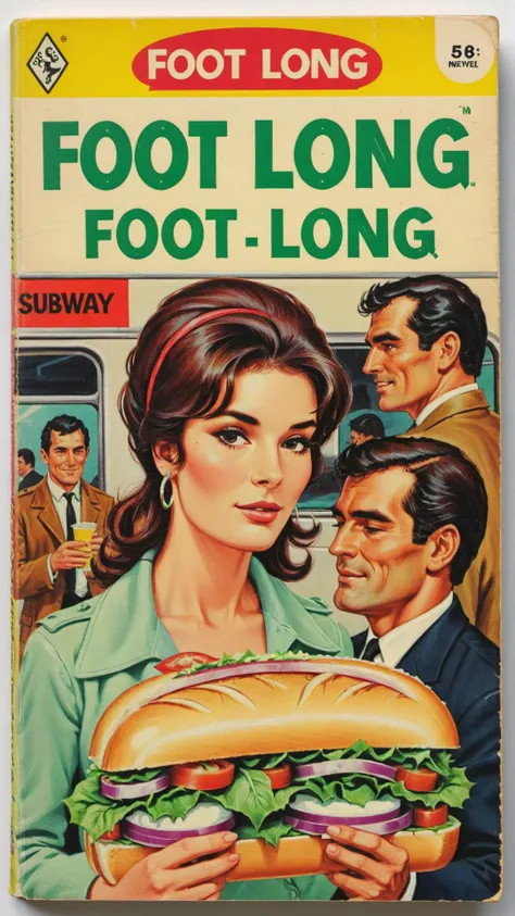 book cover of a vintage romance novel called "Foot Long" depicting Subway sandwich <lora:wizards_vintage_romance:0.8>