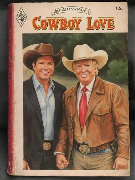 ron desantis and donald trump wearing cowboy hats,holding hands,cowboy love,<lora:wizards_vintage_romance:1>,Cover of a Harlequin romance novel,