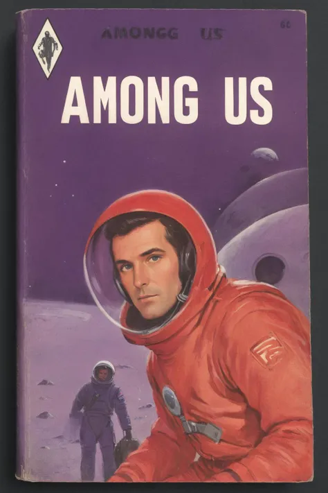 book cover of a vintage novel called "AMONG US" depicting a man in a red space suit waiting to attack a man in a purple space suit, space ship, retro, detective noir <lora:wizards_vintage_romance:1>