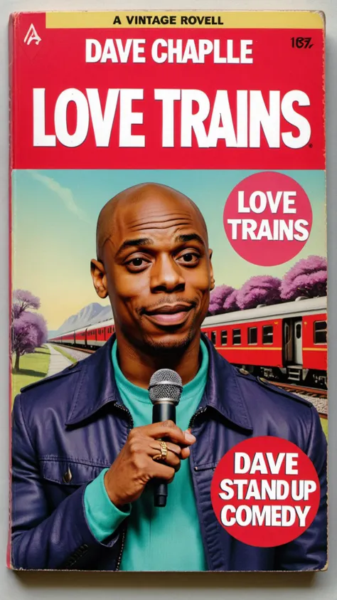 book cover of a vintage romance novel called "Love Trains" depicting Dave Chappelle doing stand up comedy <lora:wizards_vintage_romance:0.8>