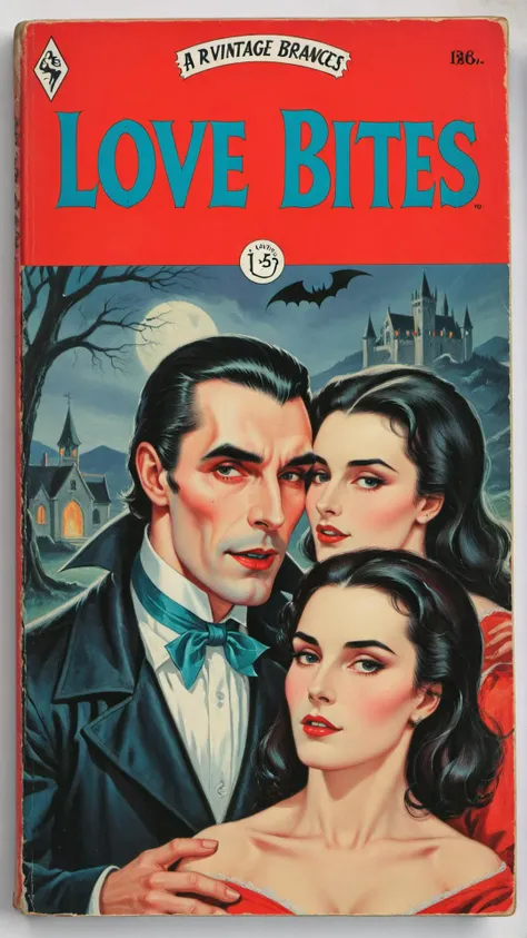 book cover of a vintage romance novel called "Love Bites" depicting Dracula <lora:wizards_vintage_romance:0.8>