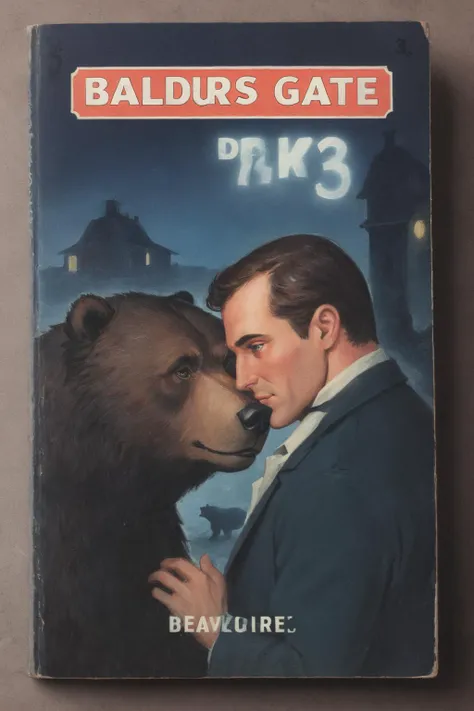 book cover of a vintage novel called "BALDURS GATE 3" depicting a man and bear looking at each other lovingly, night time, retro, detective noir <lora:wizards_vintage_romance:1>