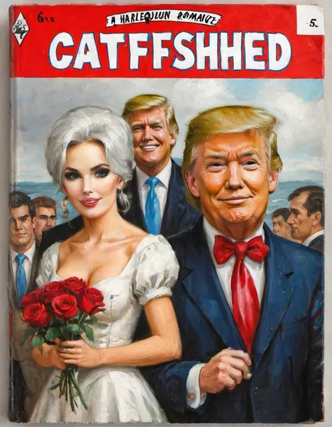 Book cover of a harlequin romance novel called ("Catfished"), Donald Trump holding a bouquet of roses, with Uncle Sam Libertas with shocked expression <lora:wizards_vintage_romance:1>