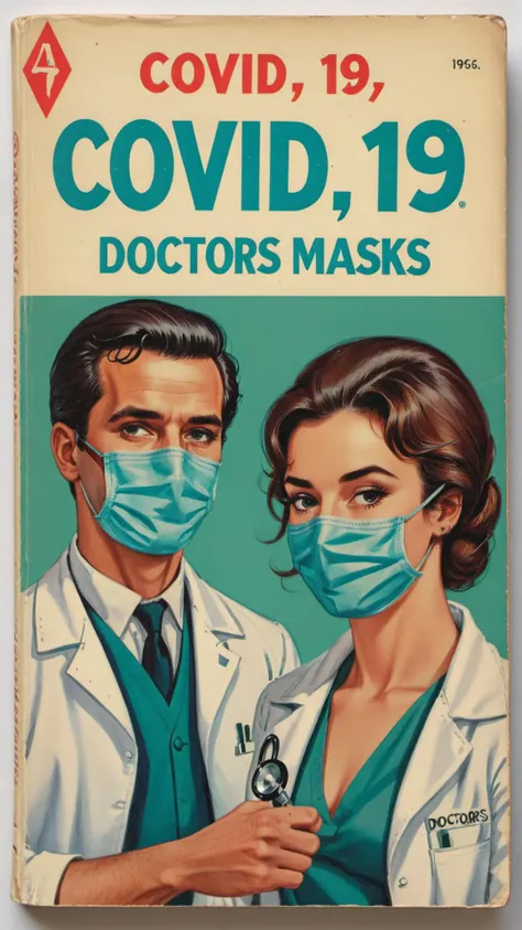 <lora:wizards_vintage_romance:0.8> Book cover of a vintage romance novel called "covid 19" depicting doctors wearing masks
