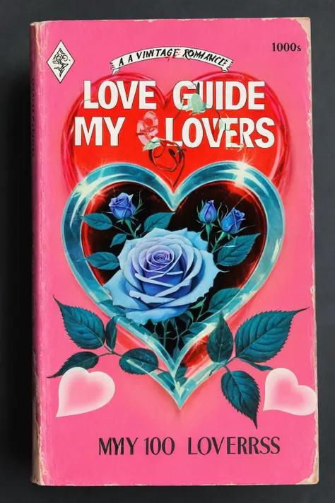 <lora:wizards_vintage_romance:1>,BOOK COVER OF A VINTAGE ROMANCE NOVEL,called ("Love Guide - My 1000 Lovers"),
A glowing [pink|purple] rose and some glowing blue plants in a transparent (heart-shaped:1.5) glass container,