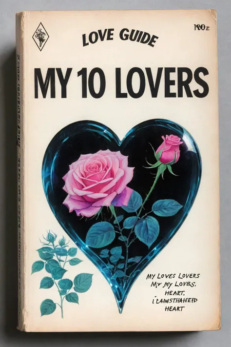 <lora:wizards_vintage_romance:1>,BOOK COVER OF A VINTAGE ROMANCE NOVEL,called ("Love Guide - My 1000 Lovers"),
A glowing [pink|purple] rose and some glowing blue plants in a transparent (heart-shaped:1.5) glass container,