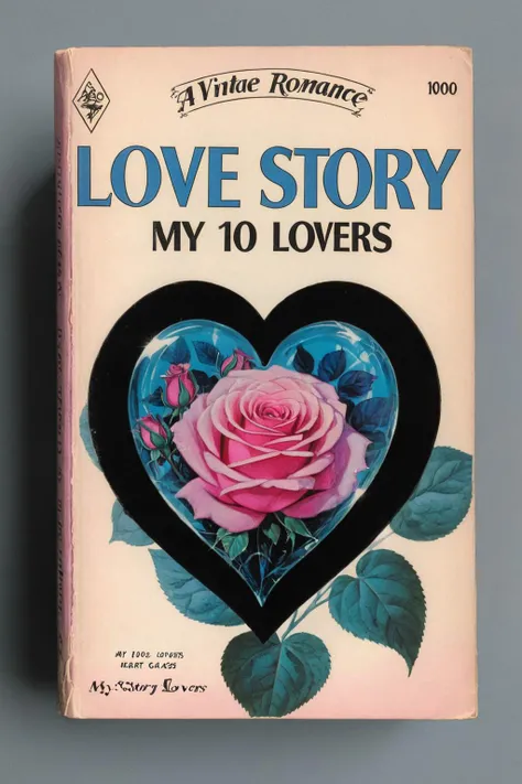 <lora:wizards_vintage_romance:1>,BOOK COVER OF A VINTAGE ROMANCE NOVEL,called ("Love Story - My 1000 Lovers"),
A glowing [pink|purple] rose and some glowing blue plants in a transparent (heart-shaped:1.5) glass container,