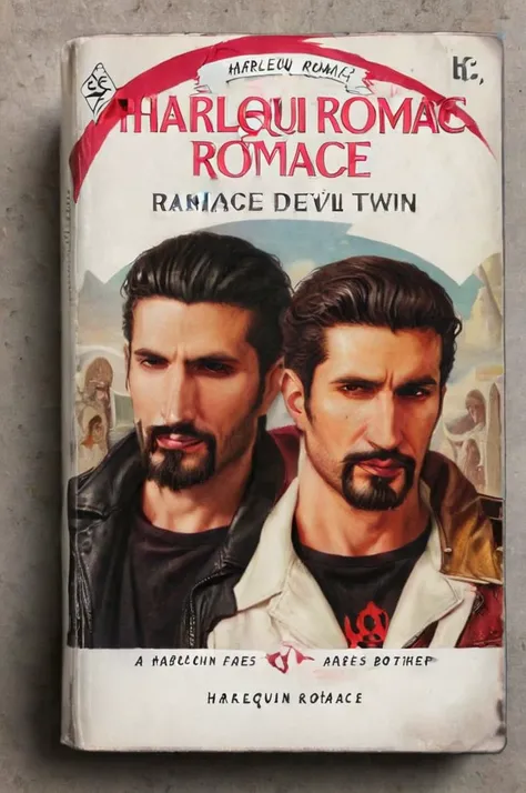 Cover of a Harlequin romance novel depicting Fares Fares with a goatee on a romance with his devil twin brother with horns and his good angel twin bother <lora:wizards_vintage_romance:1> <lora:Fares_Fares_v1b-000006:0.8>