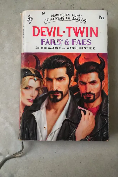 Cover of a Harlequin romance novel depicting Fares Fares with a goatee on a romance with his devil twin brother with horns and his good angel twin bother <lora:wizards_vintage_romance:1> <lora:Fares_Fares_v1b-000006:0.8>