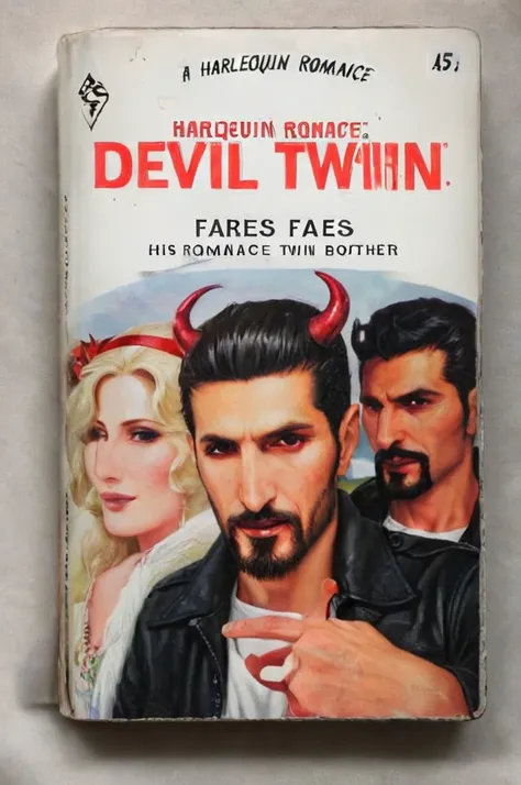 Cover of a Harlequin romance novel depicting Fares Fares with a goatee on a romance with his devil twin brother with horns and his good angel twin bother <lora:wizards_vintage_romance:1> <lora:Fares_Fares_v1b-000006:0.8>