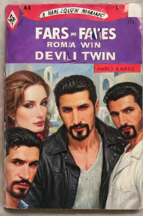 Cover of a Harlequin romance novel depicting Fares Fares with a goatee on a romance with his devil twin brother and his good angel twin bother <lora:wizards_vintage_romance:1> <lora:Fares_Fares_v1b-000006:0.8>
