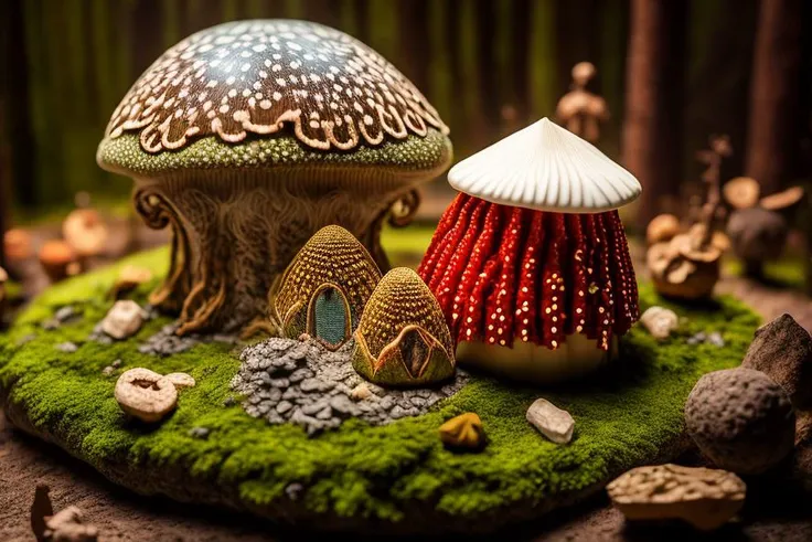amanita pantherina hallucination giant beserker syndrome in shamanic viking ritual, macro photo, isometric cut away, diorama, vray, photorealism, mycology,