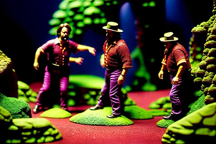 tim curry and paul stamets enjoying being giants stomping on diorama,