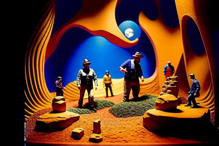 tim curry and paul stamets enjoying being giants stomping on Diorama, illustration, pov extreme perspective, dynamic,