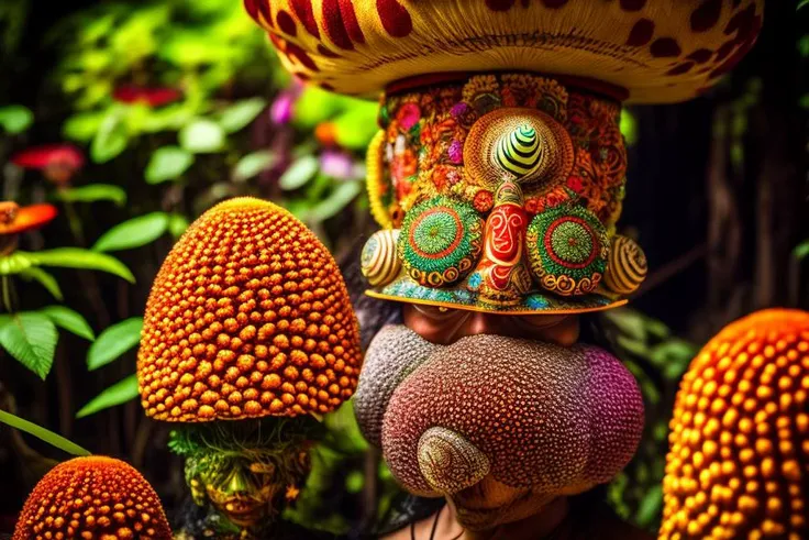amanita pantherina Asiatic shaman pov in ancient ritual, trippy, hallucination, ego death, infinite possibilities,