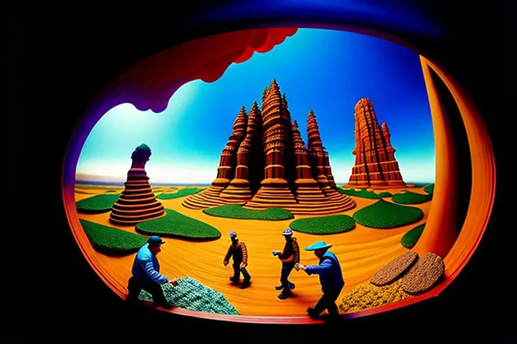 tim curry and paul stamets enjoying being giants stomping on Diorama, illustration, pov extreme perspective, dynamic, realism, fisheye lens