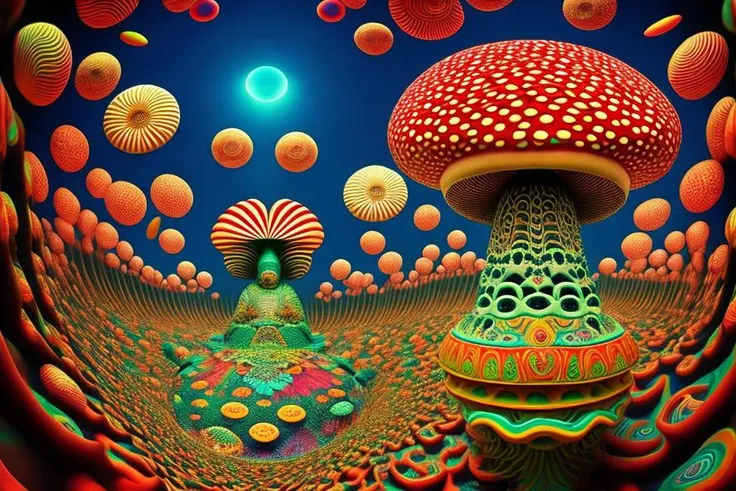 amanita pantherina ritual  conducted by Asiatic shaman pov ,  trippy, hallucination, ego death, infinite possibilities, impossible perspective,18 point perspective mc escher style, 3d anaglyph sample,