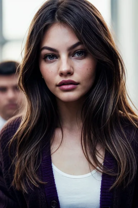 photo of beautiful (thyl4n3:0.99), a woman with perfect hair, wearing Dark Purple (cardigan:1.1), (office surrounded by old men:1.1), closeup, modelshoot style, (extremely detailed CG unity 8k wallpaper), professional majestic photography, (Leica M6 Camera), 24mm, exposure blend, hdr, faded, extremely intricate, High (Detail:1.1), Sharp focus, dramatic, soft cinematic light, (looking at viewer), (detailed pupils), 4k textures, elegant, ((((cinematic look)))), soothing tones, insane details, hyperdetailed, low contrast, (epicPhoto)