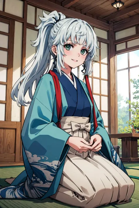 masterpiece, best quality, <lora:yuishousetsu-nvwls-v1-000010:0.8> yuishousetsu, ponytail, japanese clothes, tassel earrings, white skirt, seiza, indoors, japanese architecture, smile, looking at viewer