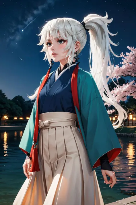 masterpiece, best quality, <lora:yuishousetsu-nvwls-v1-000010:0.9> yuishousetsu, ponytail, japanese clothes, tassel earrings, white skirt, walking, serious, night sky, lake, cherry blossoms