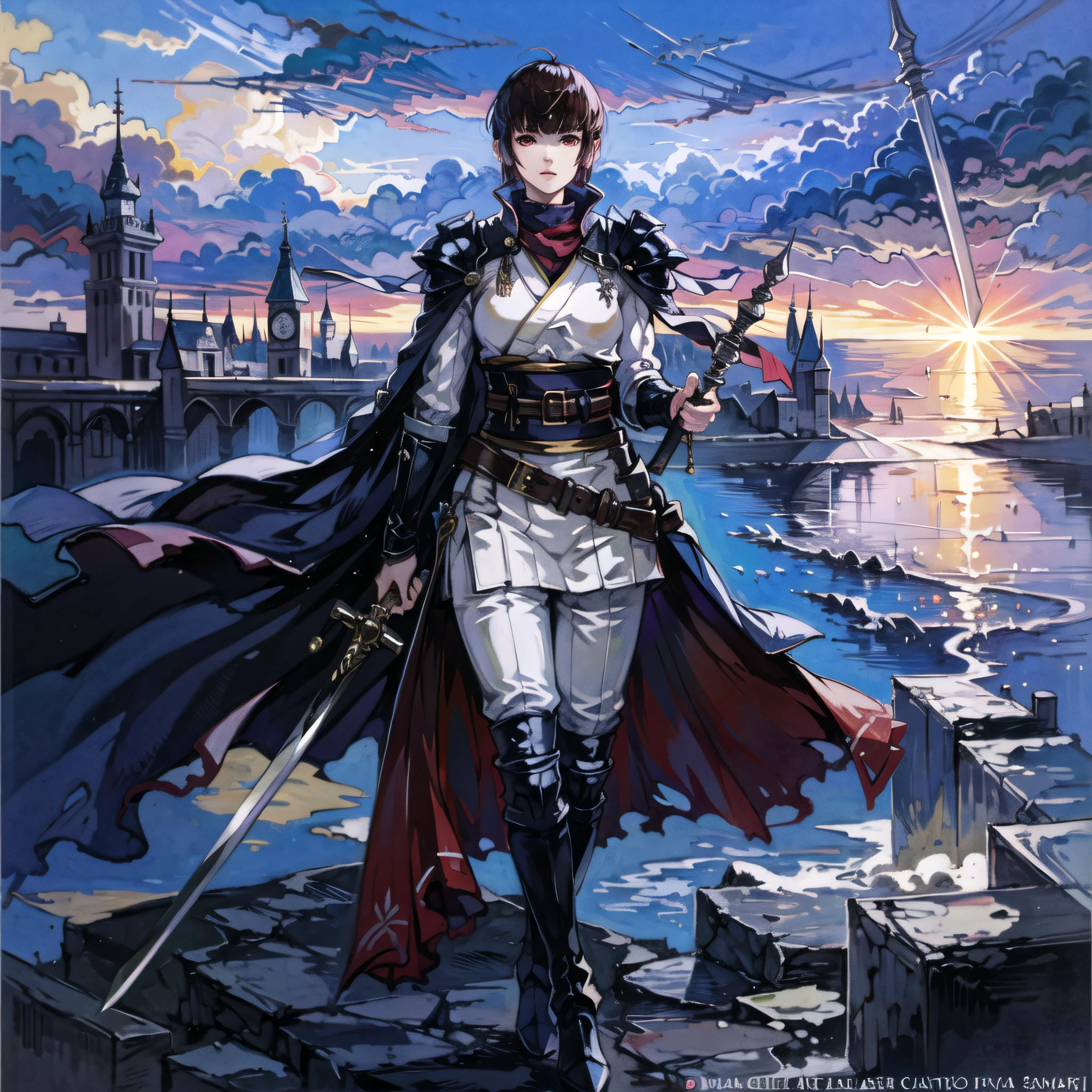 (castle city, gorgeous view)
(full body shot), sfw, (masterpiece), (best quality:1.0), (ultra highres:1.0), detailed eyes, detailed clothing texture, beautiful face, 1girl, solo, Isabeau posing, holding weapon, sword, rapier
(samurai armor), white pants, brownish red eyes
ff14 mogi yuusuke
<lora:Isabeau_SMT4:0.5> , <lora:ff14 mogi yuusuke:0.7>