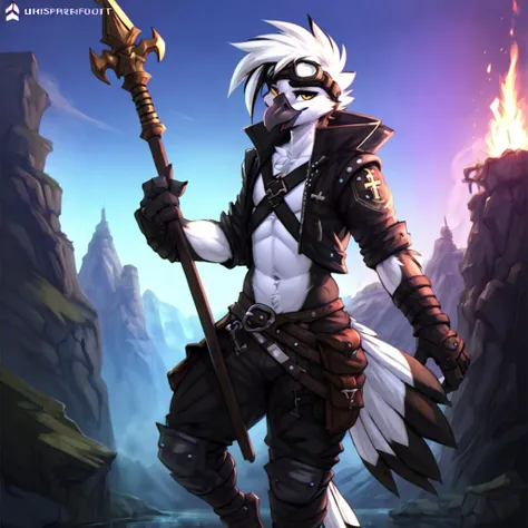 (by zackary911, by jarnqk, (by whisperfoot:1.2)), mogi yuusuke. outdoors, <lora:Anthro-Birds-v3.2.2-no_offset:1>Anthro, Avian, Bird, Beak,Emo, (twink), Pants, Black Jacket, Paws, Yellow Eyes, (Black Gray and White fur:1.2), White Hair, (Black Highlights in hair:1.1), (Small Cross Tattoo Under Right Eye:1.1), Detailed Fur, (Tail Feathers:1.3), Perfect Anatomy, fingerless gloves, jewelry, goggles, goggles on head,(seductive pose) <lora:mogi_yuusuke_offset:1>, punk armor, center opening, from side, helmet, holding, holding magic staff, looking to the side, navel, polearm, solo, upper body, weapon, black mage