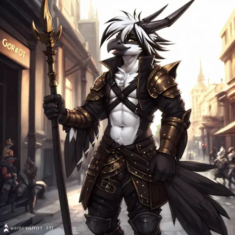 (by zackary911, by jarnqk, (by whisperfoot:1.2)), mogi yuusuke. outdoors, fantasy city, public, <lora:Anthro-Birds-v3.2.2-no_offset:1>Anthro, Avian, Bird, Beak,Emo, (twink), Pants, Black Jacket, Paws, Yellow Eyes, (Black Gray and White fur:1.2), White Hair, (Black Highlights in hair:1.1), (Small Cross Tattoo Under Right Eye:1.1), Detailed Fur, (Tail Feathers:1.3), Perfect Anatomy, (seductive pose), <lora:mogi_yuusuke_offset:1>, armor, center opening, from side, helmet, holding, holding weapon, looking to the side, navel, polearm, upper body, weapon, dragoon