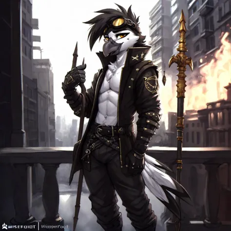 (by zackary911, by jarnqk, (by whisperfoot:1.2)), mogi yuusuke. outdoors, city, <lora:Anthro-Birds-v3.2.2-no_offset:1>Anthro, Avian, Bird, Beak,Emo, (twink), Pants, Black Jacket, Paws, Yellow Eyes, (Black Gray and White fur:1.2), White Hair, (Black Highlights in hair:1.1), (Small Cross Tattoo Under Right Eye:1.1), Detailed Fur, (Tail Feathers:1.3), Perfect Anatomy, fingerless gloves, jewelry, goggles, goggles on head,(seductive pose) <lora:mogi_yuusuke_offset:1>, punk armor, center opening, from side, helmet, holding, holding magic staff, looking to the side, black mage