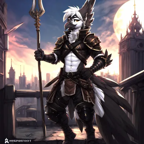 (by zackary911, by jarnqk, (by whisperfoot:1.2)), mogi yuusuke. outdoors, fantasy city, public, <lora:Anthro-Birds-v3.2.2-no_offset:1>Anthro, Avian, Bird, Beak,Emo, (twink), Pants, Black Jacket, Paws, Yellow Eyes, (Black Gray and White fur:1.2), White Hair, (Black Highlights in hair:1.1), (Small Cross Tattoo Under Right Eye:1.1), Detailed Fur, (Tail Feathers:1.3), Perfect Anatomy, (seductive pose), <lora:mogi_yuusuke_offset:1>, armor, center opening, from side, helmet, holding, holding weapon, looking to the side, navel, polearm, upper body, weapon, dragoon